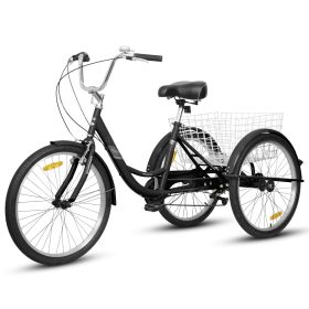 A24632 Adult Tricycles 7 Speed, Adult Trikes 24 inch 3 Wheel Bikes, Three-Wheeled Bicycles Cruise Trike with Shopping Basket for Seniors, Women, (Color: Black)